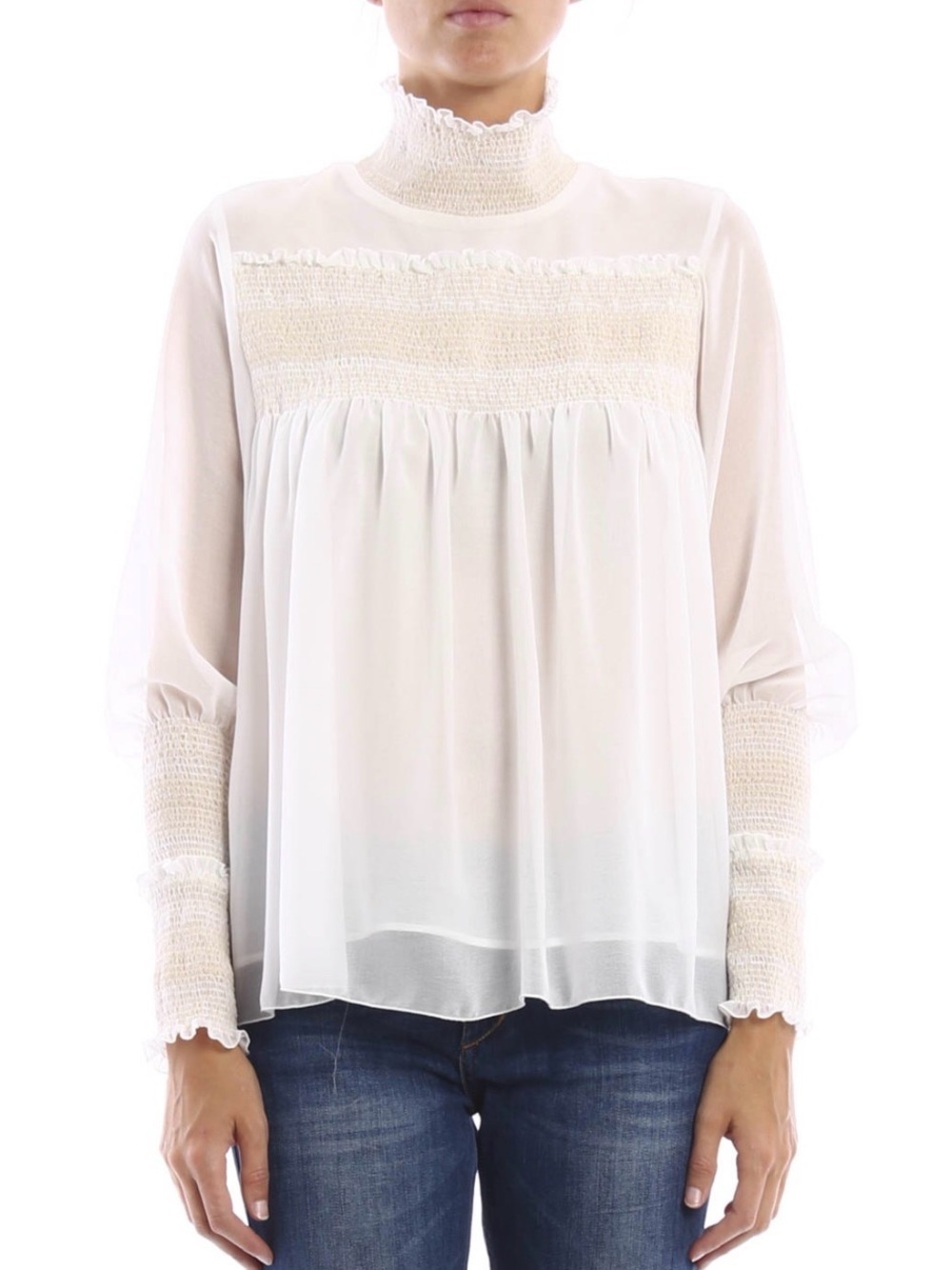 See By Chloé ivory Ruffle-Neck Smocked Yoke, neck & cuff blouse Portugal sz eu36